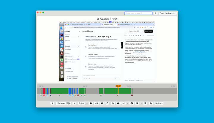 Screenshot of ScreenMemory application showing a timeline view of a user's desktop activity on August 25, 2024. The interface displays a Chat by Copy.ai window and various application icons in the timeline below.