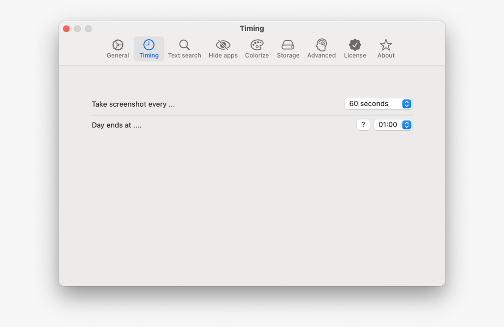 Settings window for ScreenMemory's "Timing" options. The interface shows settings to take screenshots every 60 seconds and set the end of day at 01:00.