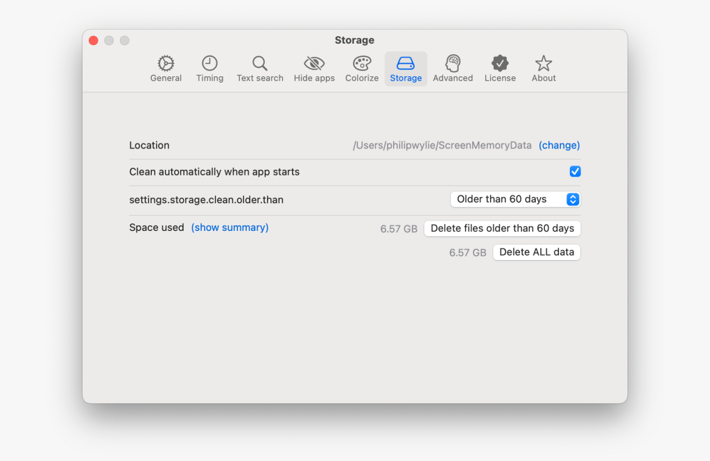 Storage settings window for ScreenMemory. It shows options to clean data automatically, delete files older than 60 days, and displays current space used as 6.57 GB.