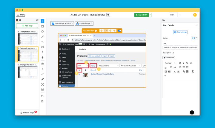 Screenshot of Folge application showing a step-by-step workflow documentation interface.