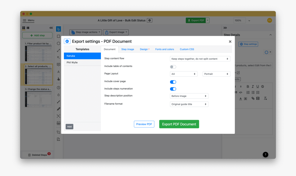 Screenshot of Folge's PDF export settings dialog box. The interface shows template options with 'Kanuka' selected, along with document configuration settings including step content flow, page layout set to A4 Portrait, toggles for cover page and step numeration (both enabled), step description position set to 'Before image', and filename format set to 'Original guide title'. At the bottom are 'Preview PDF' and 'Export PDF Document' buttons.