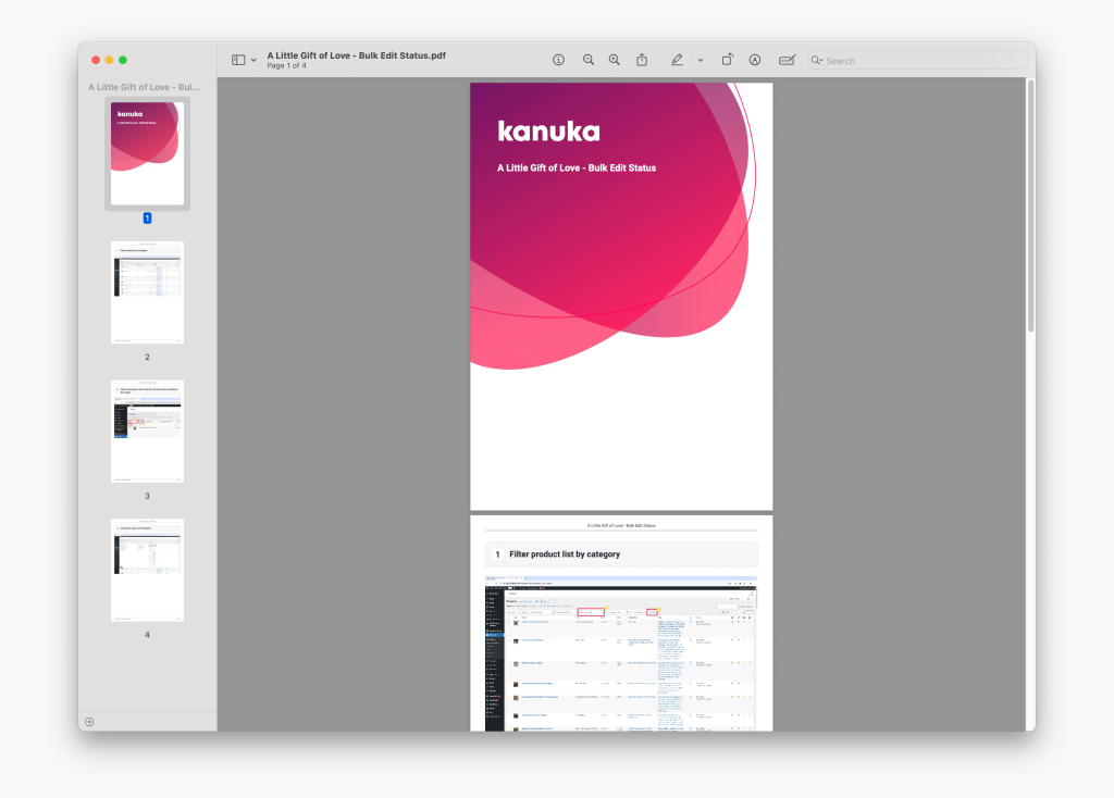 Screenshot of the exported PDF document viewed in a PDF reader. The document shows a professional cover page with the Kanuka template design. The sidebar shows 4 pages total, with page 1 displaying the cover and subsequent pages containing the step-by-step workflow documentation with screenshots and instructions for filtering products by category in WordPress.